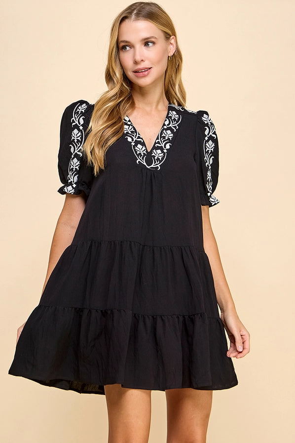 Embroidered Detail Wide Swing Dres