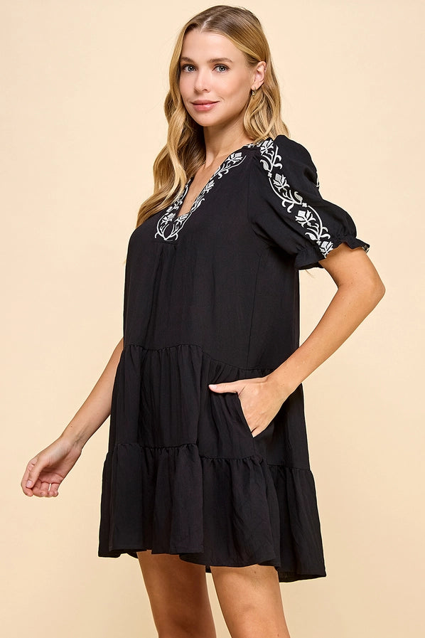 Embroidered Detail Wide Swing Dres