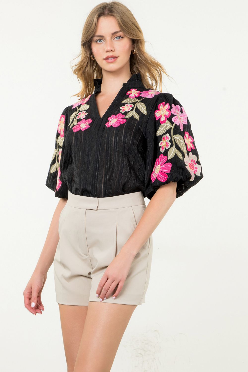 Embroidered Puff Sleeve Textured Top