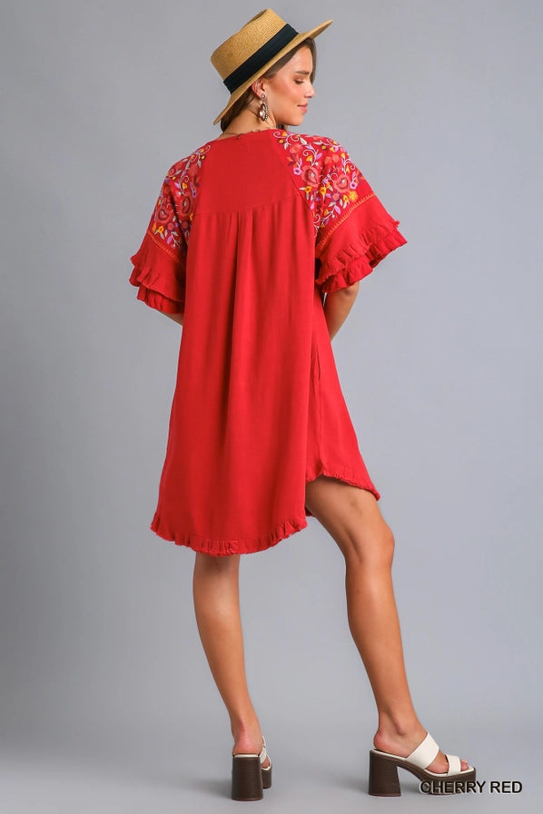 Embroidery High Low Hem Dress with Ruffle Details