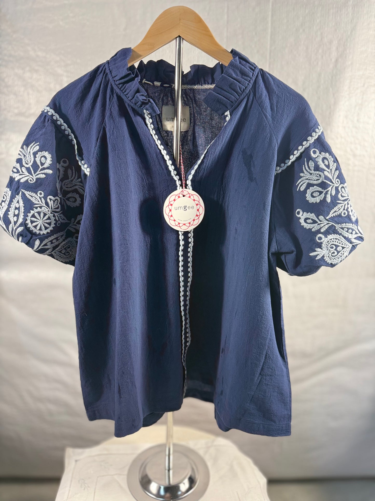 Navy Embroidered Puff Sleeve Blouse