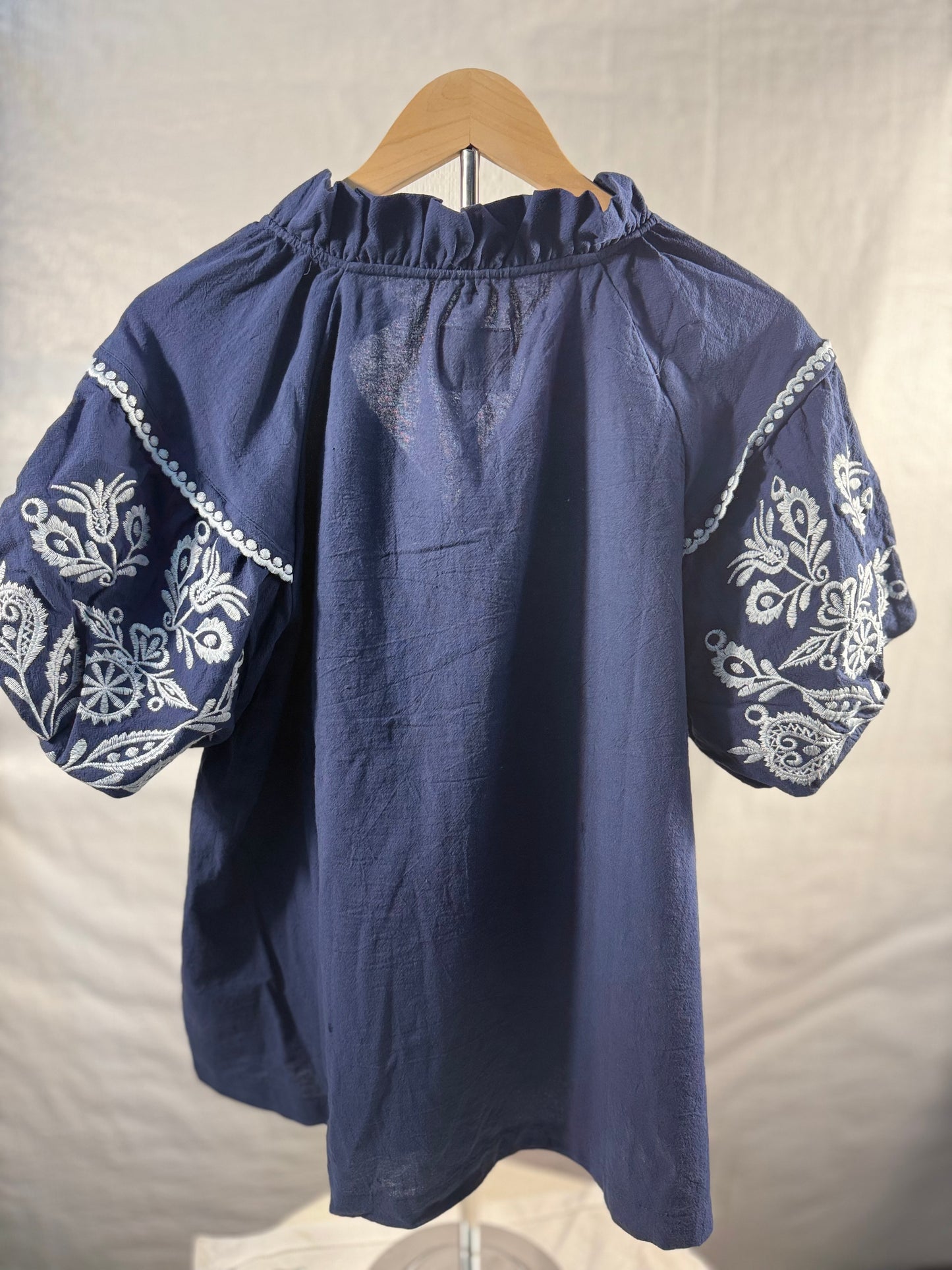 Navy Embroidered Puff Sleeve Blouse