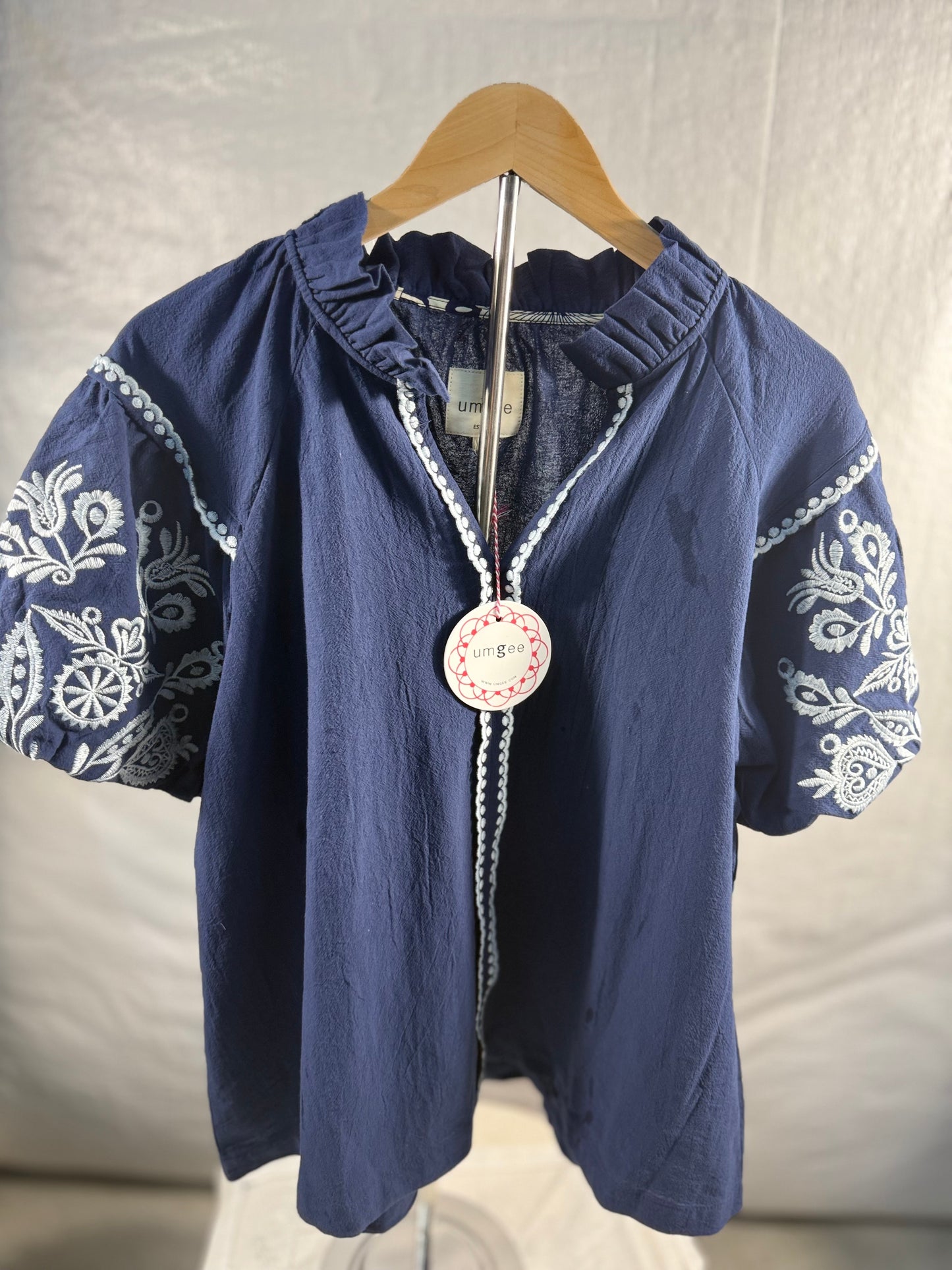 Navy Embroidered Puff Sleeve Blouse