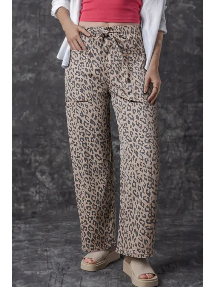Ldc Leopard Printed Drawstring Waist Pocketed Wide Leg Jeans