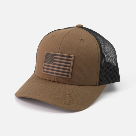 American Flag Hat - Leather Patch Trucker Snapback