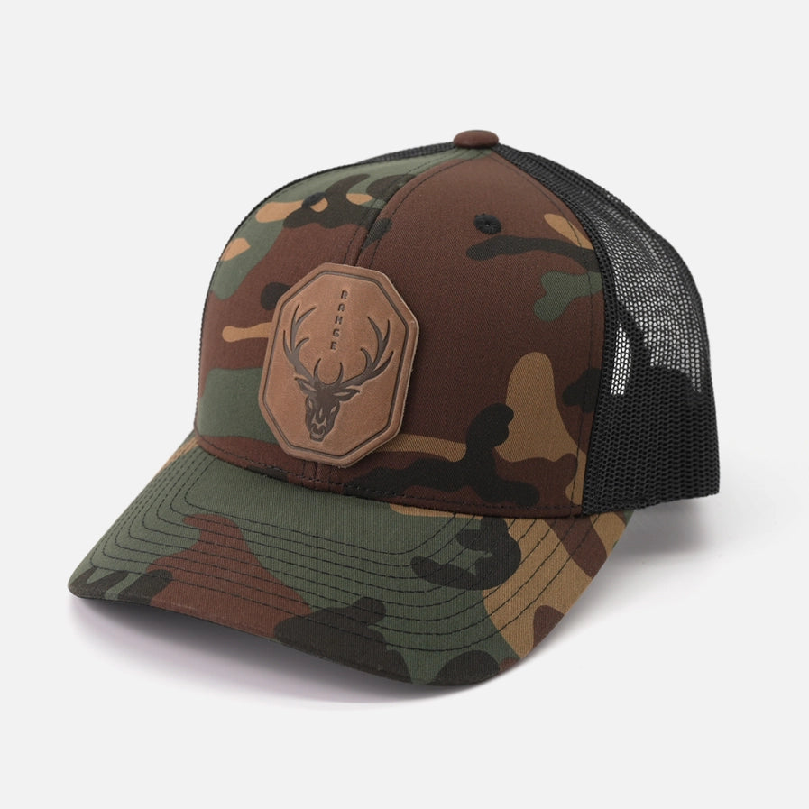 Range Skull Hat | Leather Patch Trucker Hat