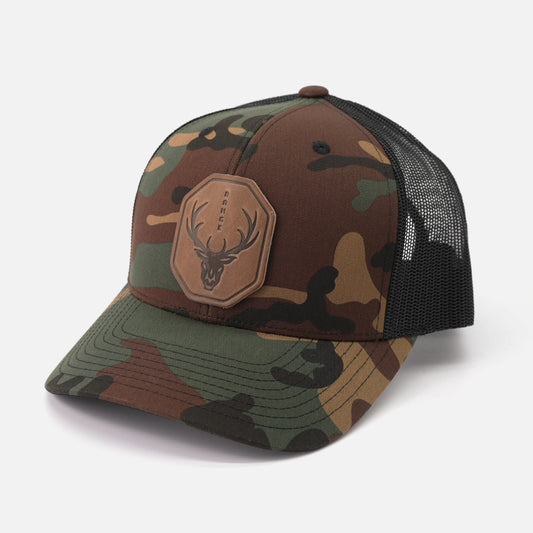 Range Skull Hat | Leather Patch Trucker Hat