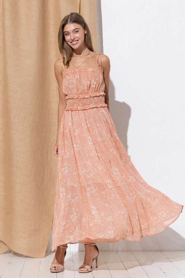 Chiffon Smocked Waist Ruffle Tie Shoulder Maxi