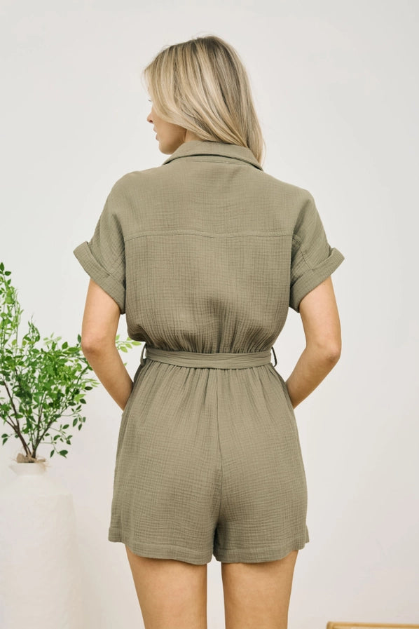 Collared Short Sleeve Belted Romper