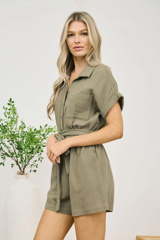 Collared Short Sleeve Belted Romper