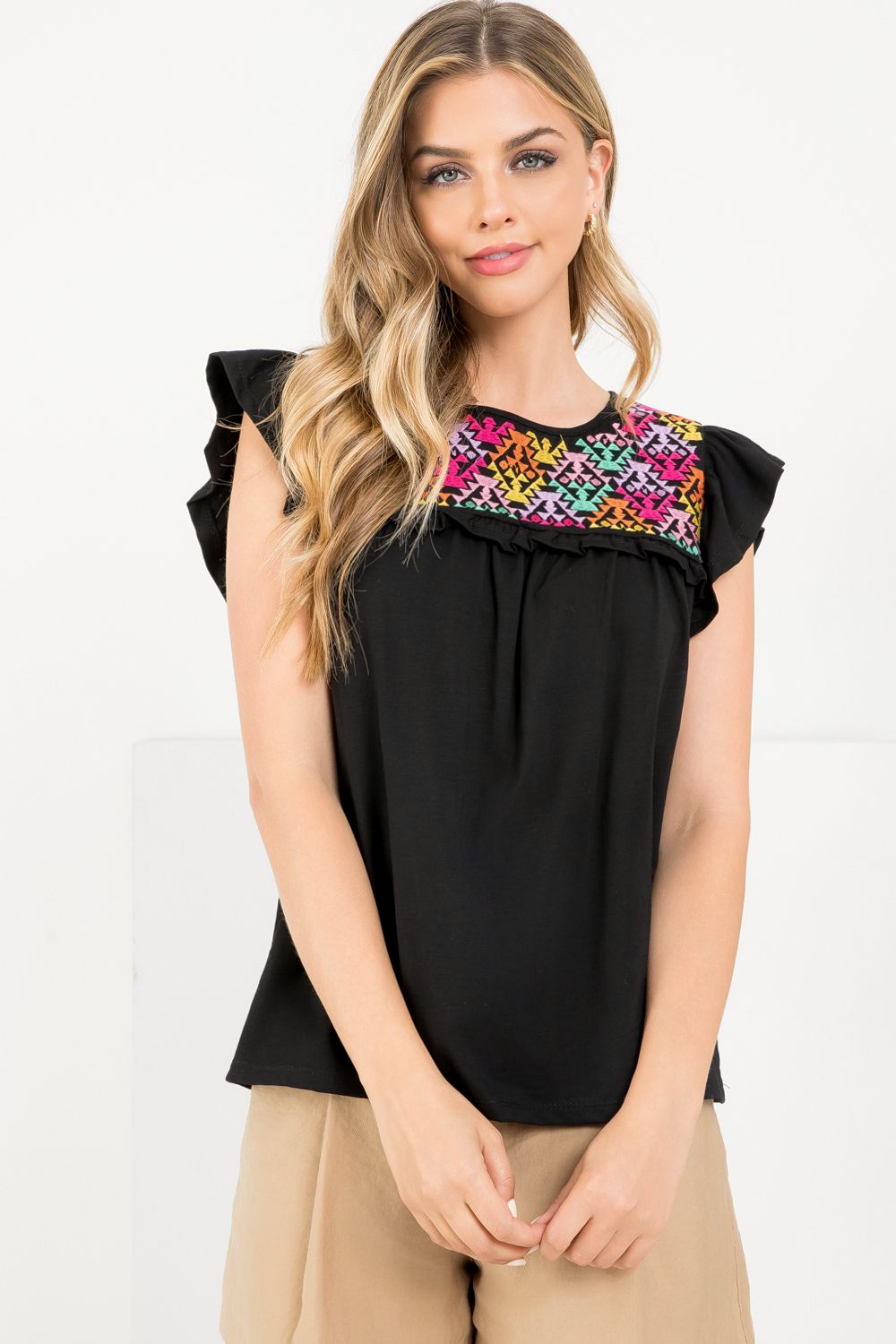 Embroidered flutter sleeve top