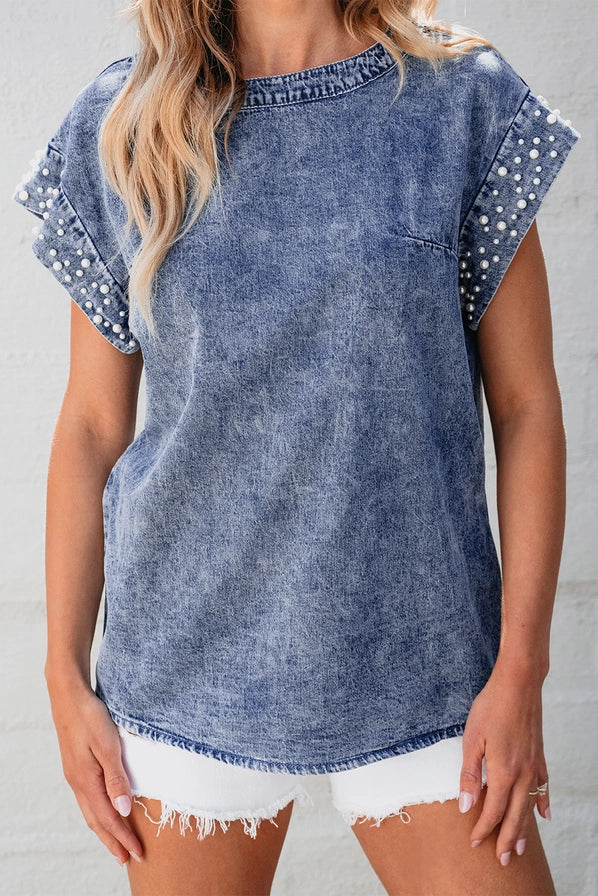 Denim Acid Wash Pearl Embellished Top