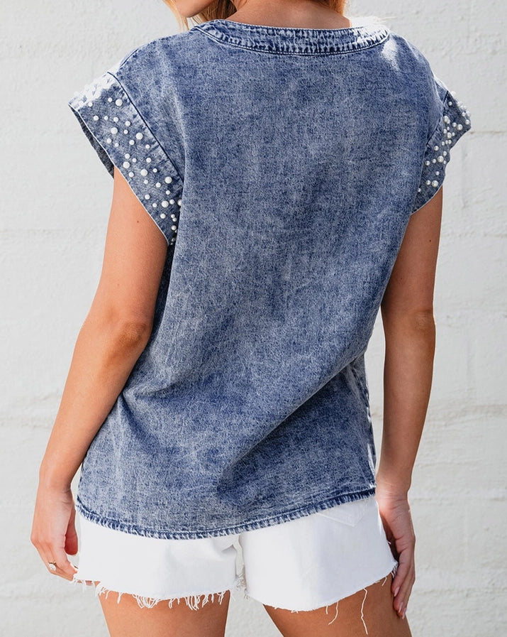 Denim Acid Wash Pearl Embellished Top