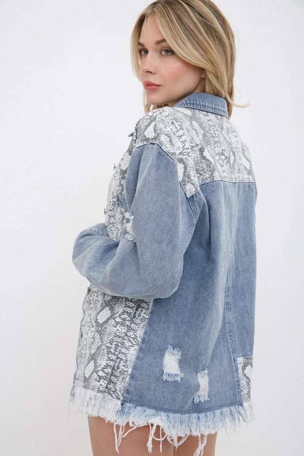 Denim Snake Print Color Block Shirt Jacket