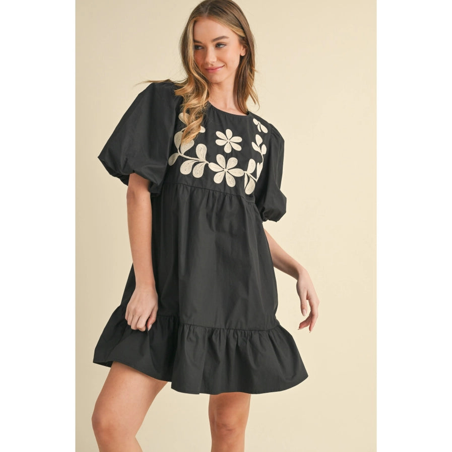 Double Puff Sleeve Shirred A-Line Midi Dress