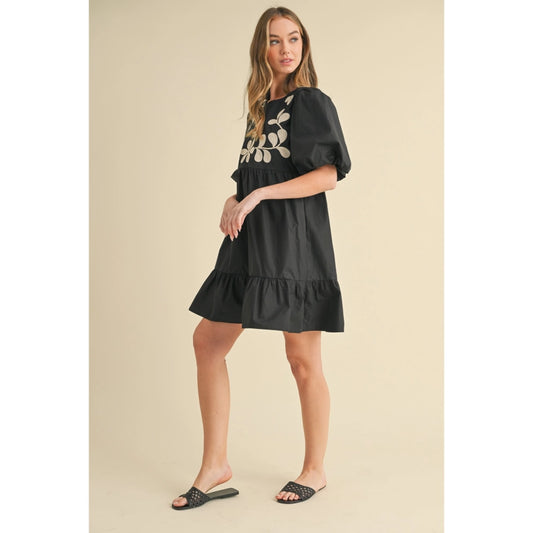 Double Puff Sleeve Shirred A-Line Midi Dress