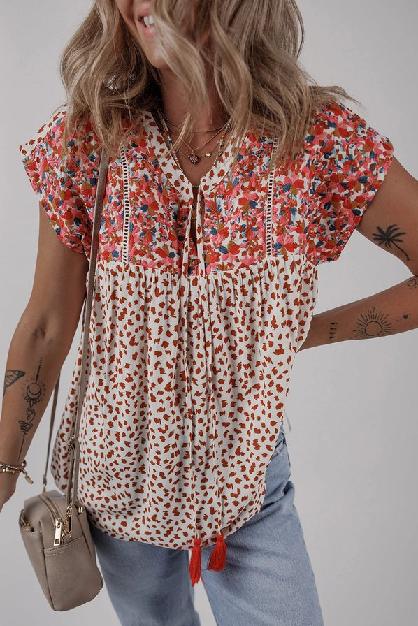 Embroidered Tied Split Neck Blouse