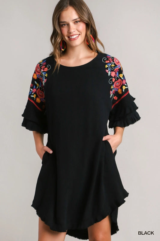 Embroidery High Low Hem Dress with Ruffle Details
