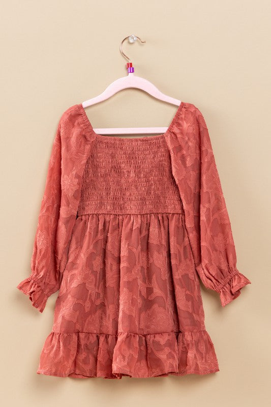 Kids Floral Jacquard Square Neckline Mini Dress