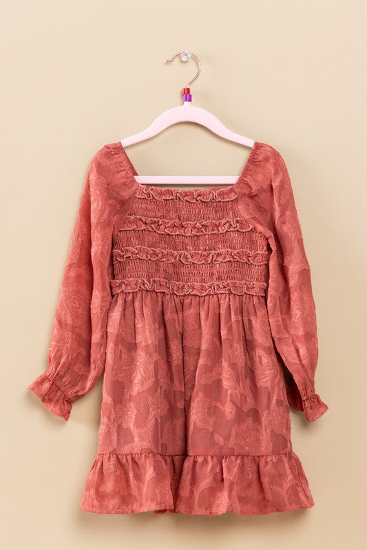 Kids Floral Jacquard Square Neckline Mini Dress