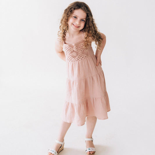 Girls Dusty Rose Crotchet Dress