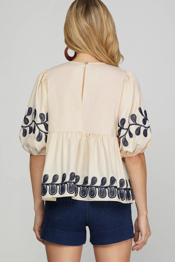 Half sleeve embroidered poplin woven top