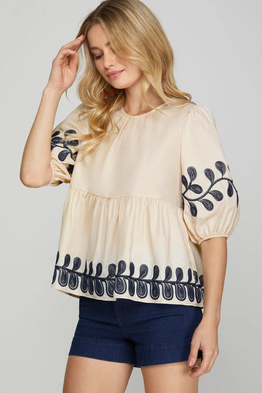 Half sleeve embroidered poplin woven top