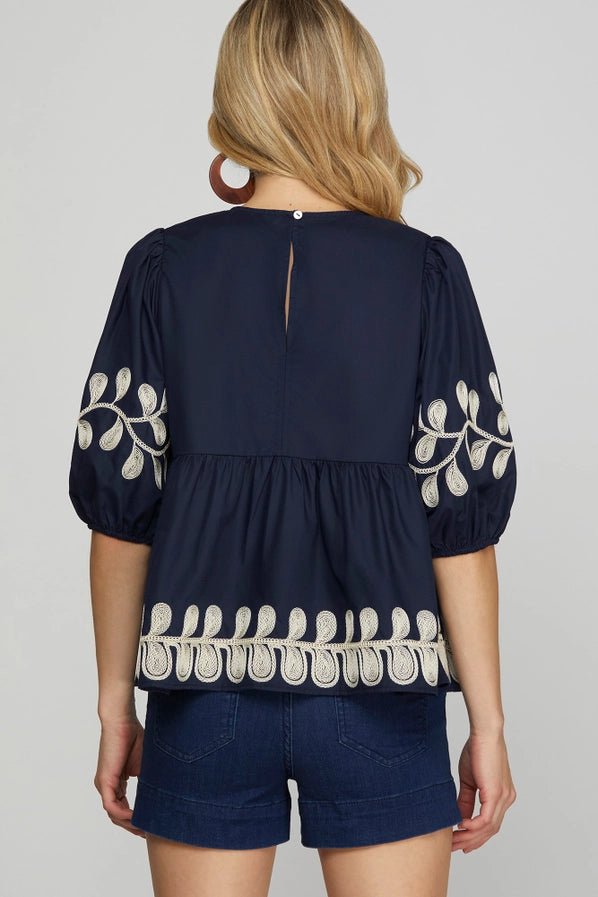 Half Sleeve Embroidered Poplin Woven Top