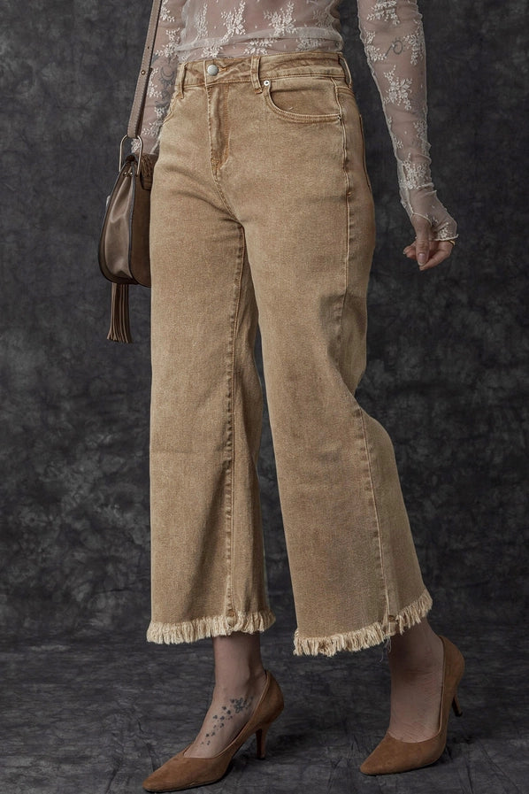 Light French Beige Acid Washed High Rise Cropped Wide Leg Jeans