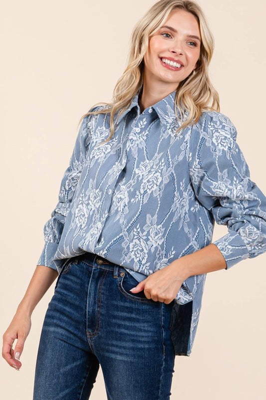 Mesh Fabric Floral Embroidered Blouse