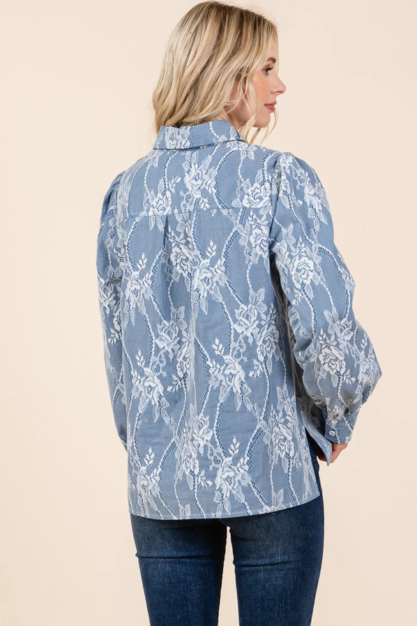 Mesh Fabric Floral Embroidered Blouse