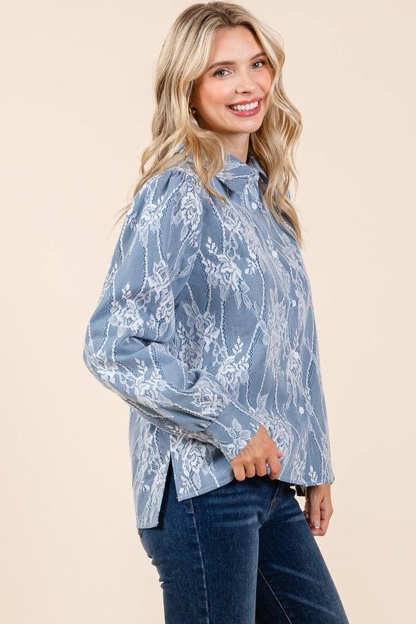 Mesh Fabric Floral Embroidered Blouse