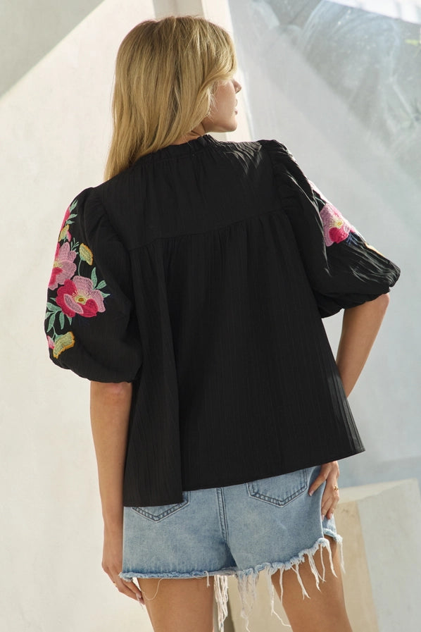 Embroidery Mock Neck Blouse