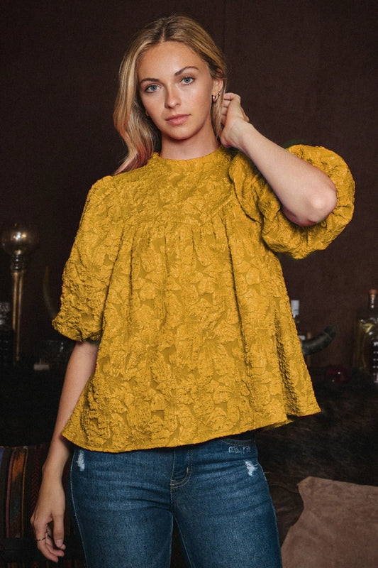 Plus Floral Jacquard Balloon Sleeve Blouse