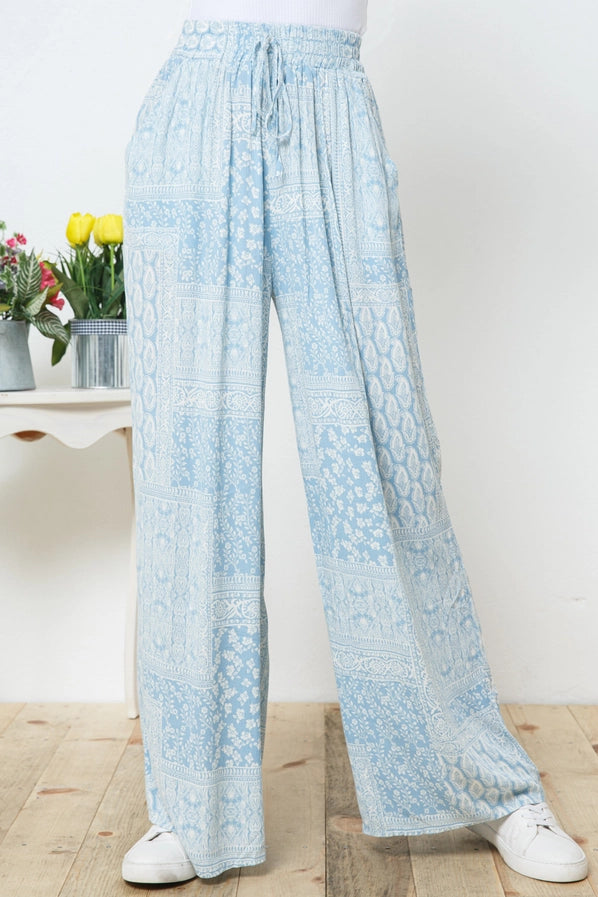 Rayon Gauze Paisley Print Waist Drawstring Pants