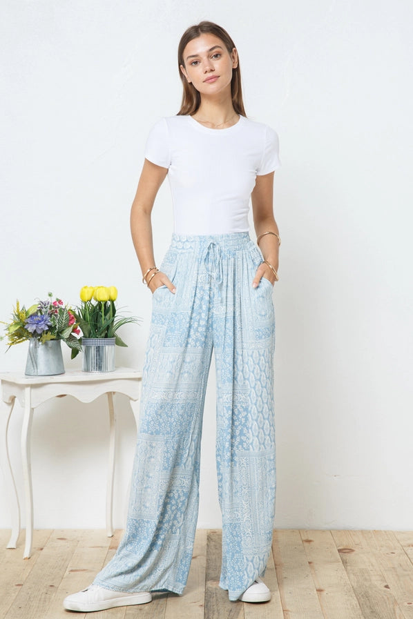 Rayon Gauze Paisley Print Waist Drawstring Pants