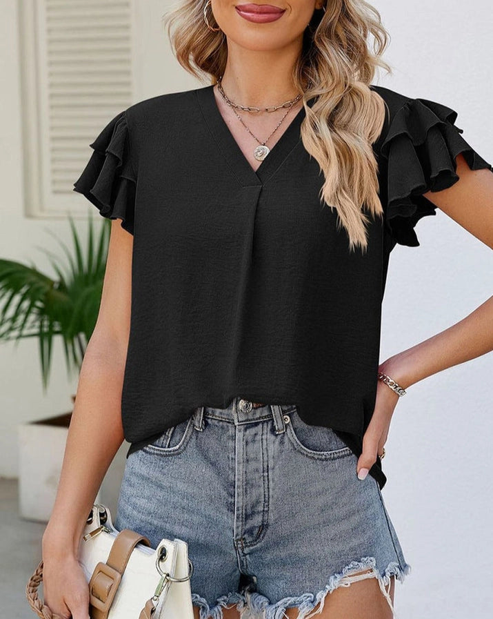 Ruffle Short Sleeve V-Neck Blouse