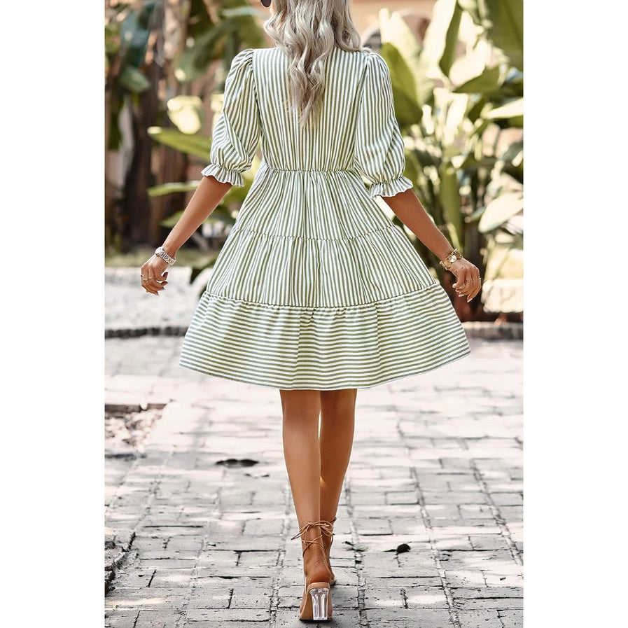 Strip V Neck Button Puff Sleeves High Waist Dress