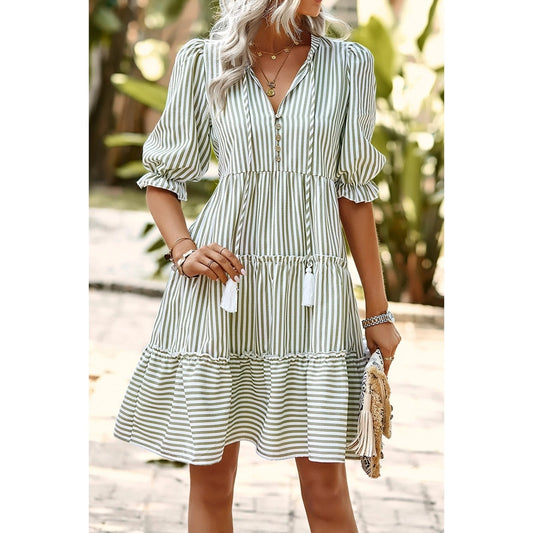 Strip V Neck Button Puff Sleeves High Waist Dress