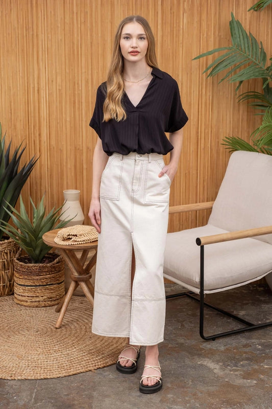 Striped Collared Split Neck Blouse