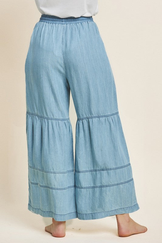 Washed Denim Tiered Wide Leg Pants