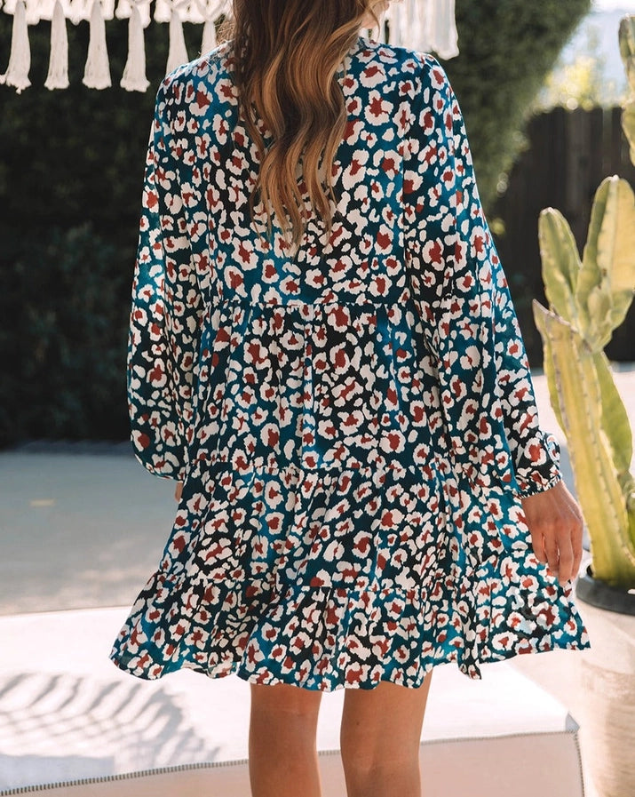 Leopard Bubble Sleeve Shirt Dress